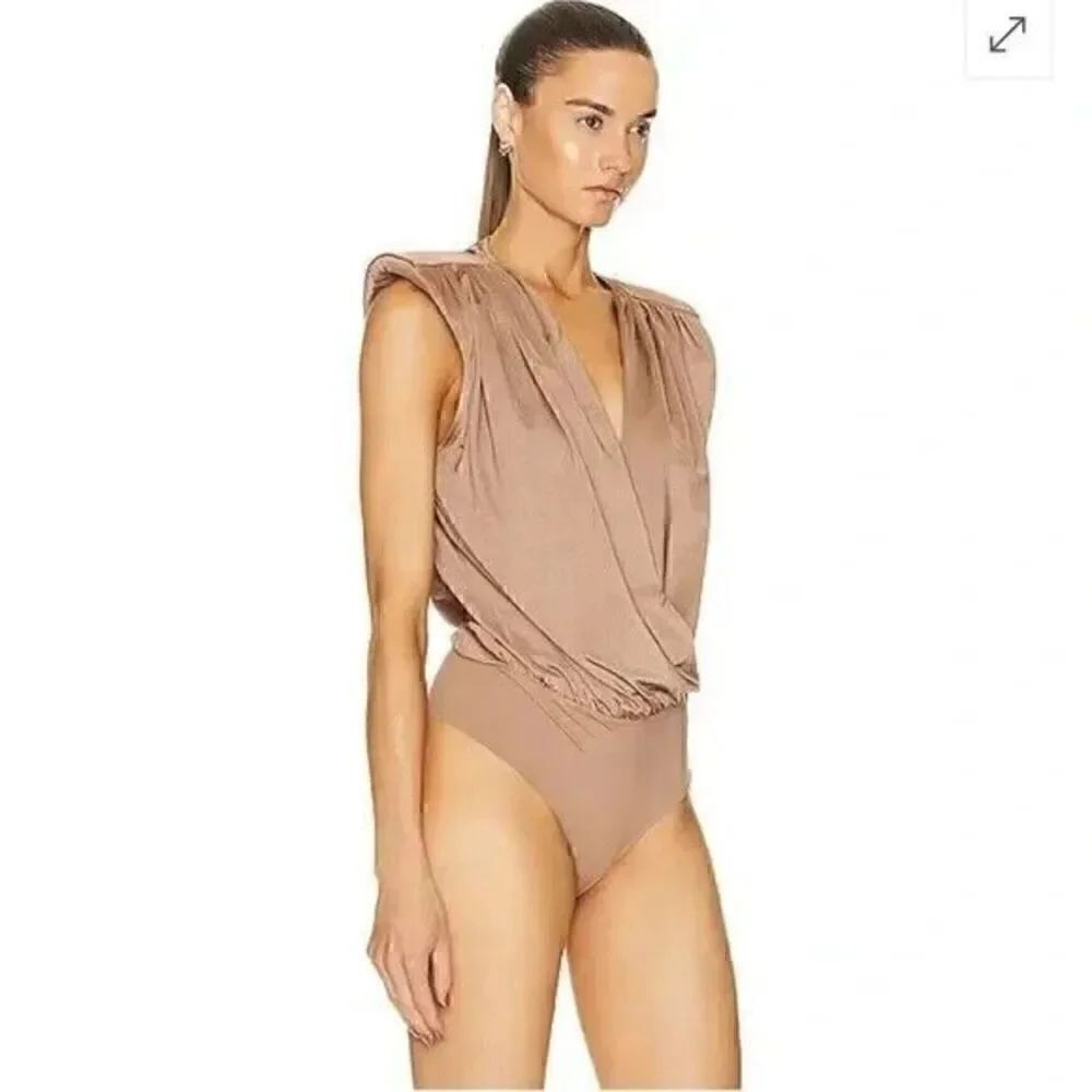 L'AGENCE Akari Effect Bodysuit Womens Large Brown Pleated Sleeveless Wrap V Neck